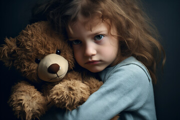 child clutching a teddy bear seeking comfort. Generative AI
