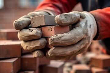 The master in gloves lays stones. Brick paving by professional paver worker. Generative AI technology