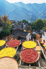 Ancient buildings and morning beauty in the mountains of Anhui Province, China