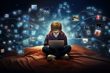 child gazing at a screen surrounded by digital device.  