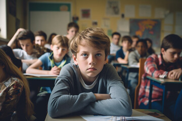 portrait of a child student in the classroom at the desk.  