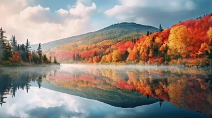 Wall murals Reflection Autumn forest reflected in water.  Fog and sunrays