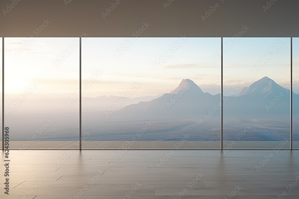 Wall mural Cinematic still, minimalist room with a sky, floor to ceiling windows showing the mountain outside