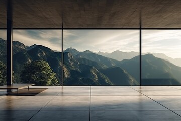 Cinematic still, minimalist room with a sky, floor to ceiling windows showing the mountain outside