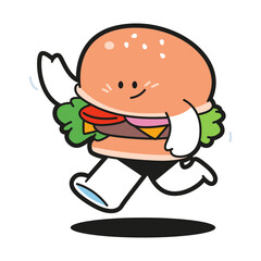 Cute running burger vector cartoon character isolated on a white background.