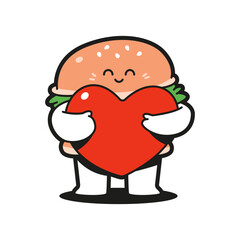 Cute burger with red heart vector cartoon character isolated on a white background.
