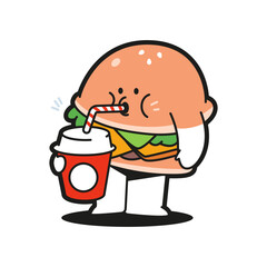 Cute burger drink soda water vector cartoon character isolated on a white background.