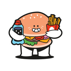Cute burger with fast food vector cartoon character isolated on a white background.