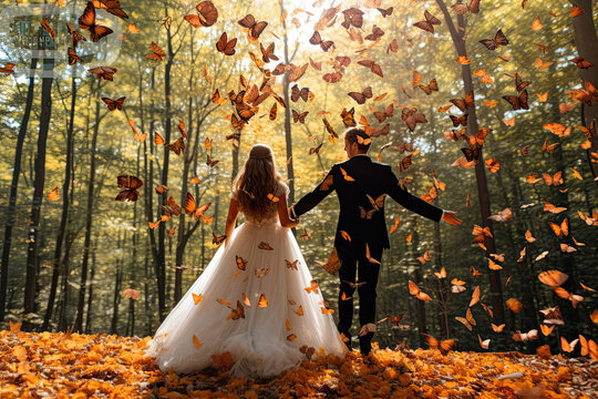 bride and groom in the autumn forest with butterflies around, wedding ceremony, back view 