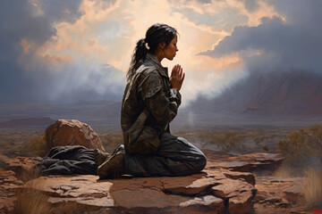 Woman soldier praying in the desert with mountains and clouds in the background - obrazy, fototapety, plakaty