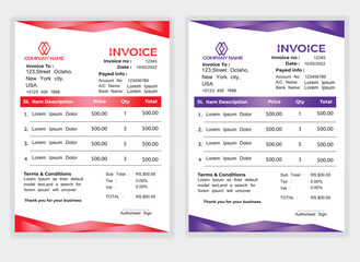 Business Minimal Corporate Invoice design template vector illustration bill form price . Creative template and stationery design payment agreement design template Cash Memo, Vector Quotation Design