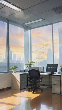 modern office interior with office. Cartoon or anime watercolor painting illustration style. seamless looping virtual vertical video animation background.
