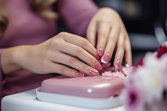 Woman getting professional manicure at salon. Generate Ai