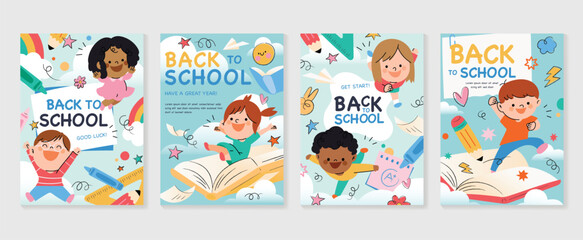 Back to school vector banners. Background design with children and education accessories element. Kids hand drawn flat design for poster , wallpaper, website and cover template. - obrazy, fototapety, plakaty
