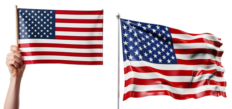 USA flags set. USA symbols design elements. The hand holds the flag of the USA. Large USA flag waving in the wind. Isolated on a transparent background. KI.	