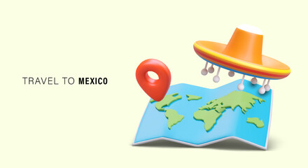 Vacation in Mexico. Acquaintance with culture of another country. Travel around world. Rest abroad. Realistic illustration on advertising banner. Place for offers, announcements, agency contacts