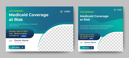 Medical Health Conference live webinar banner invitation and social media post template. Healthcare webinar invitation design.	