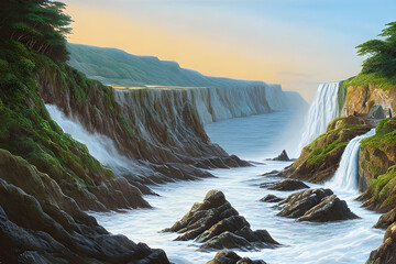 coastal cliff with a waterfall Generative AI