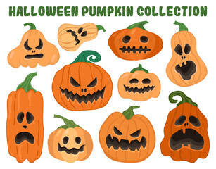 Pumpkin set. Orange pumpkins with a scary smile. Collection of halloween