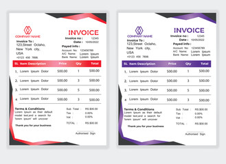 Business Minimal Corporate Invoice design template vector illustration bill form price . Creative template and stationery design payment agreement design template Cash Memo, Vector Quotation Design