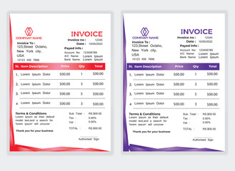 Business Minimal Corporate Invoice design template vector illustration bill form price . Creative template and stationery design payment agreement design template Cash Memo, Vector Quotation Design