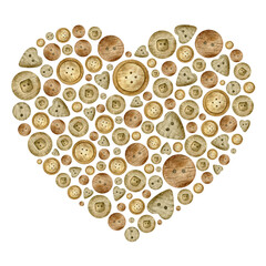 Different wooden buttons. Watercolor illustration. Heart shaped composition. Isolated. For product packaging design, dressmaker blog,needlework store, logo