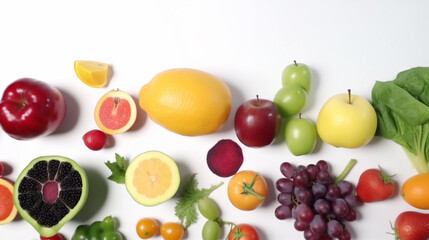 fruits and vegetables on a white background. Generative AI