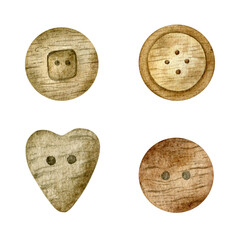 Set of different wooden buttons. Watercolor illustrations. Isolated. For product packaging design, dressmaker blog,needlework store, logo