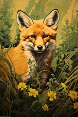 A fox with green eyes painted on a yellow background. (Generative AI)