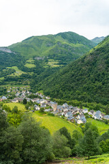 Fototapeta na wymiar Aerial view of the municipality of Borce in the French Pyrenees and its beautiful mountains