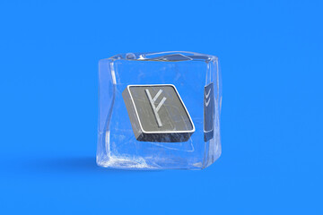 Fehu rune in ice cube. 3d illustration
