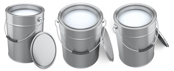 Set of metal cans or buckets of paint with handle on white background.