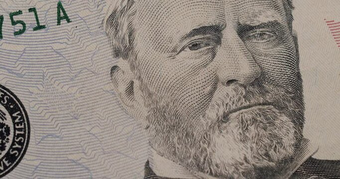 American fifty dollar paper banknote zoom in close up macro. Fifty Dollar Closeup. Zoom of 50 USD Bills. United States money. Details of the American fifty dollar banknote.