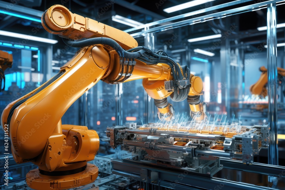 Fototapete Robotic arm for electronic assembly line. Smart modern factory automation using advanced machines. Generative AI