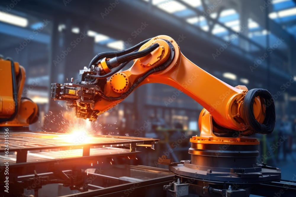 Fototapete Robotic arm for electronic assembly line. Smart modern factory automation using advanced machines. Generative AI