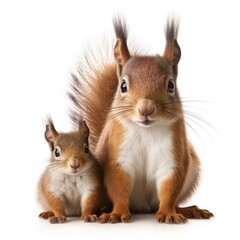 Squirrel and baby squirrel on white background. Generative AI
