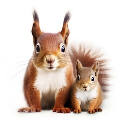Obraz premium Squirrel and baby squirrel on white background. Generative AI