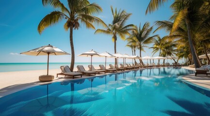 Fototapeta na wymiar Luxurious swimming pool and loungers umbrellas near beach and sea with palm trees.