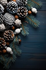 Christmas decoration with pine cones. Christmas background with space for text. Generative AI