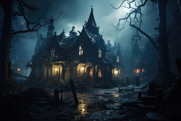Fototapeta na wymiar Old haunted abandoned mansion in creepy night forest. Halloween haunted house. Generative AI