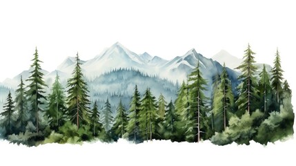 Fototapeta premium Watercolor painting of beautiful mountains, mountain peak landscape with forest. Panorama banner. Generative AI