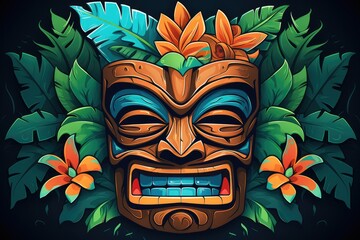 Illustration of a tropical Tiki mask. Symbol of a wild tribe in the jungle. - obrazy, fototapety, plakaty