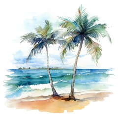Obraz premium Watercolor painting of palm trees, palm tree on the beach with sea.