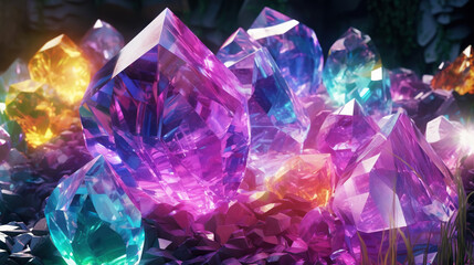 Amazing bright and shiny Fluorite crystal cluster background. Jewel mineral detailed macro. Generative AI