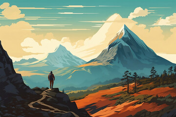 Male backpacker enjoying sunny scenic mountain landscape view