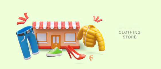 3D store building with striped canopy, colorful clothes and shoes for different seasons. Advertising in cartoon style. Internet shop, online shopping. Things for men and women