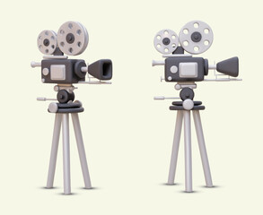 Obraz premium 3D professional video camera in different positions. Equipment for high quality video recording. Retro film recorder, news camera on tripod. Vector illustration with shadows
