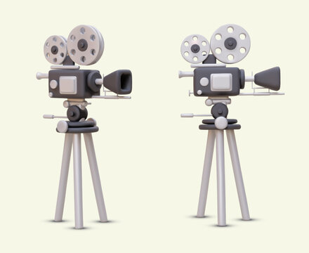 3D professional video camera in different positions. Equipment for high quality video recording. Retro film recorder, news camera on tripod. Vector illustration with shadows