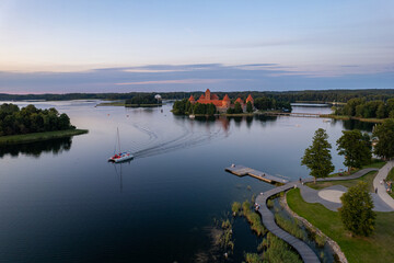 Aerial summer sunny sunset view of beautiful Trakai Island Castle, Lithuania - obrazy, fototapety, plakaty