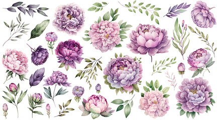 Set of peonies flower purple pink lavender pastel color Watercolor, collection of hand drawn...